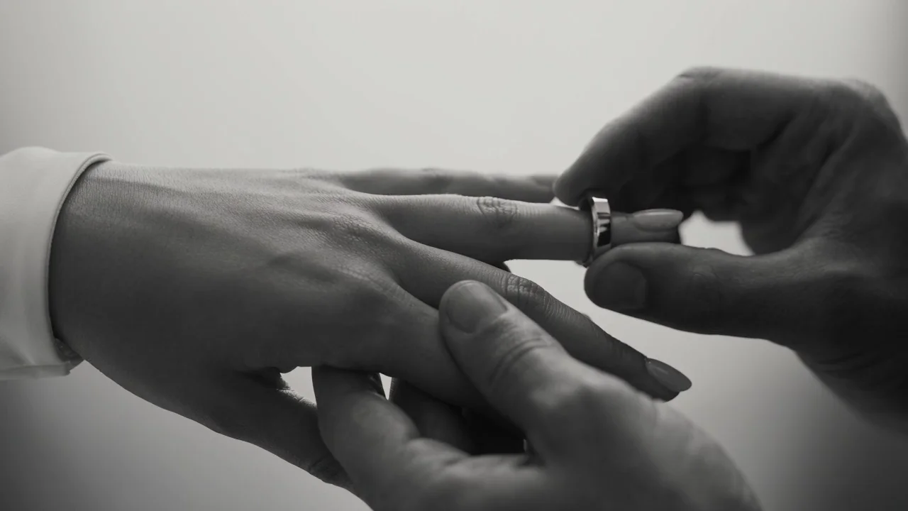 A groom gently places a wedding band on his bride's finger.